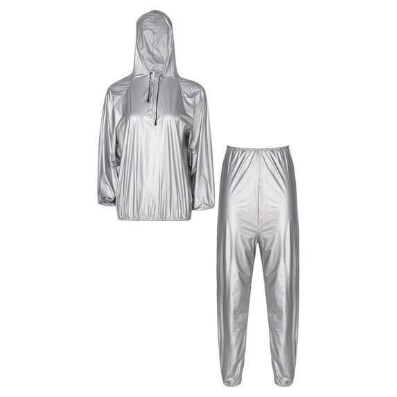 TiaoBug Men Women Sauna Suit Long Sleeve Hooded Sweat Suit Top with Pants Gym Tracksuit Silver L
