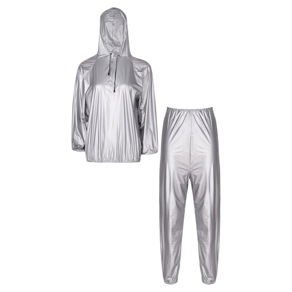 TiaoBug Men Women Sauna Suit Long Sleeve Hooded Sweat Suit Top with Pants Gym Tracksuit Silver XXL