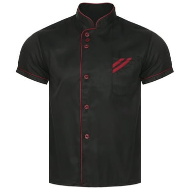 TiaoBug Men Women Short Sleeve Chef Coat Stand Collar Jacket Kitchen Workwear Uniform Black 3XL