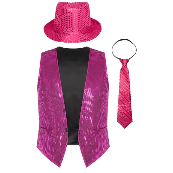 TiaoBug Men Women Sparkling Sequin Sleeveless Waistcoat Vest+Hat+Necktie for Disco Theme Party Hot Pink M