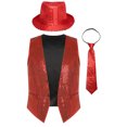 thumbnail image 1 of TiaoBug Men Women Sparkling Sequin Sleeveless Waistcoat Vest+Hat+Necktie for Disco Theme Party Red XL, 1 of 7