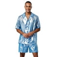 thumbnail image 1 of TiaoBug Men's 2 Piece Summer Outfits Shiny Glossy Semi-Sheer Button Down Shirts and Casual Shorts Set Sky Blue XL, 1 of 7