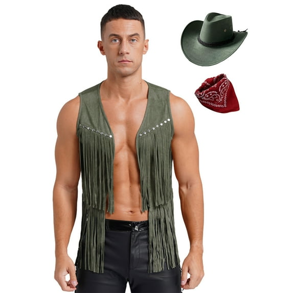 TiaoBug Men's 3Pcs Faux Suede Western Cowboy Vest Fringe Hippie Costume Waistcoat with Bandanna And Hat Army Green M