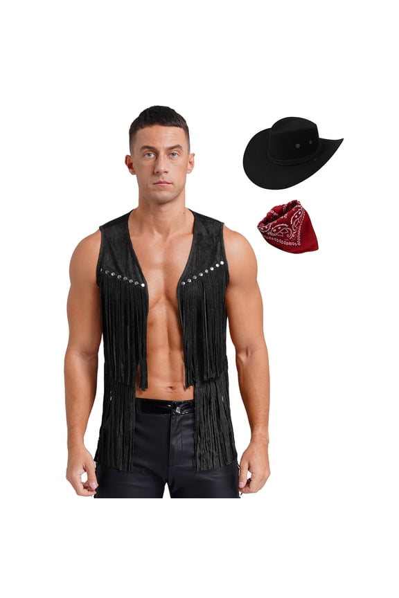 Men's 3Pcs Faux Suede Western Cowboy Vest Fringe Hippie Costume Waistcoat with Bandanna And Hat Black M
