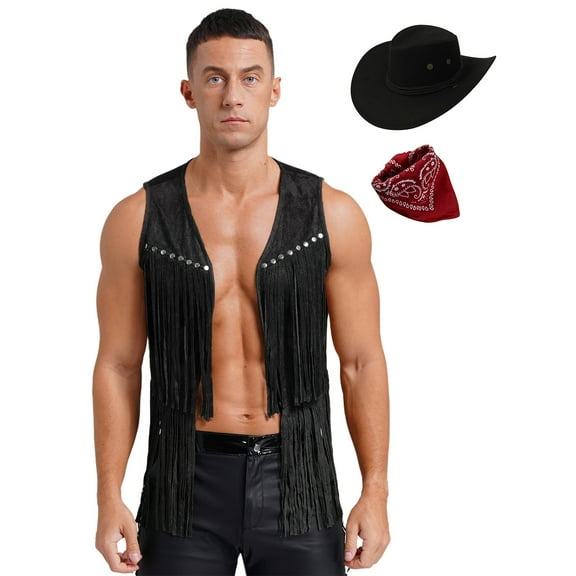 TiaoBug Men's 3Pcs Faux Suede Western Cowboy Vest Fringe Hippie Costume Waistcoat with Bandanna And Hat Black XL
