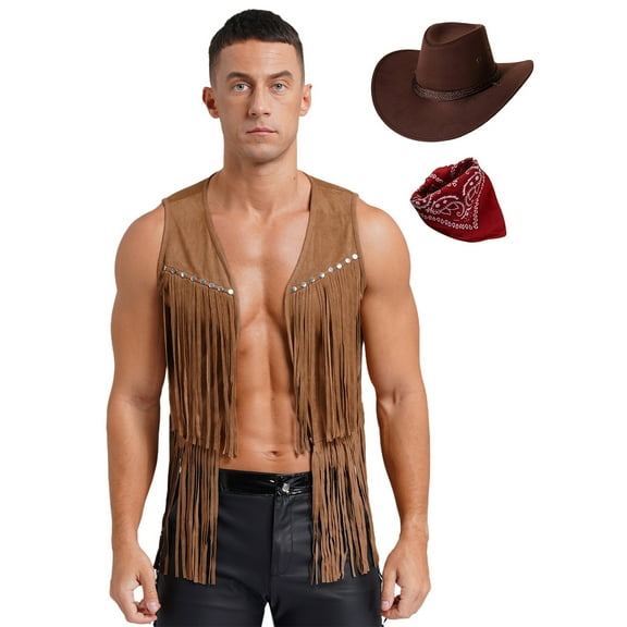 TiaoBug Men's 3Pcs Faux Suede Western Cowboy Vest Fringe Hippie Costume Waistcoat with Bandanna And Hat Brown M