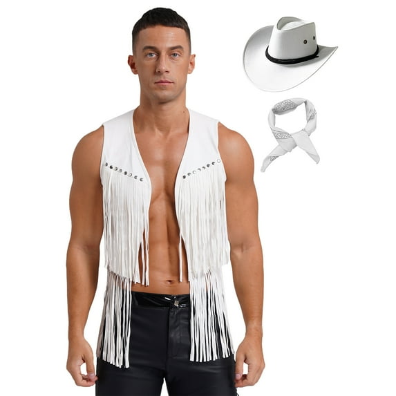 TiaoBug Men's 3Pcs Faux Suede Western Cowboy Vest Fringe Hippie Costume Waistcoat with Bandanna And Hat White XXL
