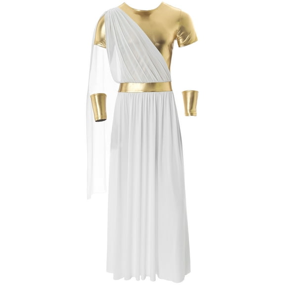 TiaoBug Men's Ancient Greek Toga Costume Short Sleeve Tunic Robe With Gold Metal Wristband Halloween Party Cosplay White L