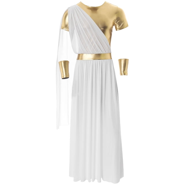 TiaoBug Men's Ancient Greek Toga Costume Short Sleeve Tunic Robe With Gold Metal Wristband Halloween Party Cosplay White L