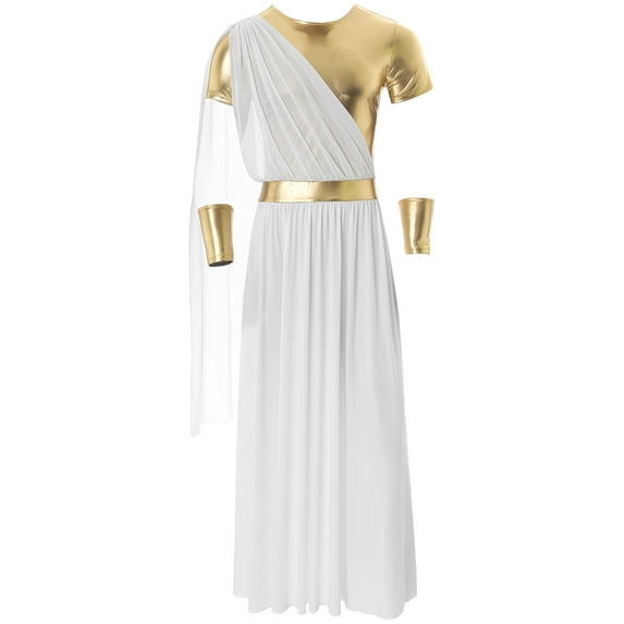 TiaoBug Men's Ancient Greek Toga Costume Short Sleeve Tunic Robe With Gold Metal Wristband Halloween Party Cosplay White M
