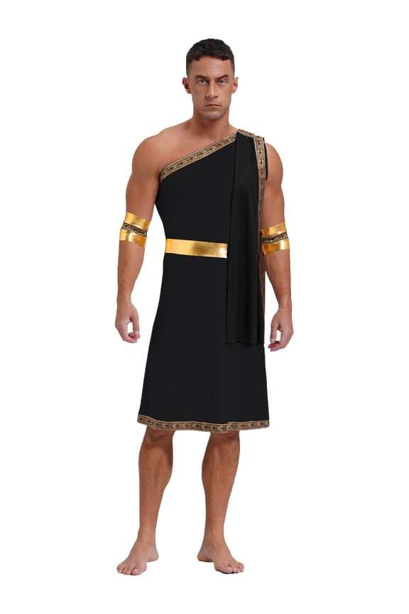 Men's Ancient Greek Toga One Shoulder Roman Robe with Cuffs Caesar Knight Sets Black L