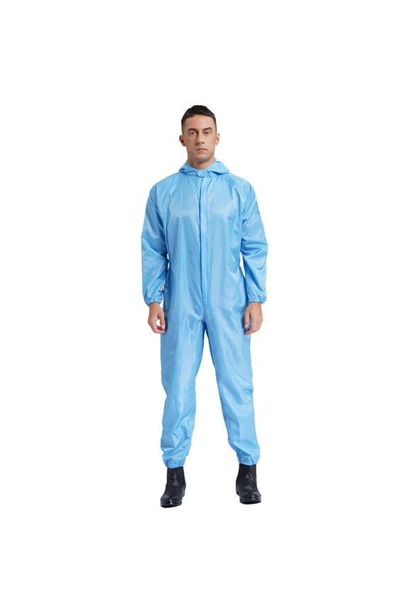 Men's Anti-static Coverall Suit with Zip Front Opening Reusable Workwear Full Body Suits Light Blue L