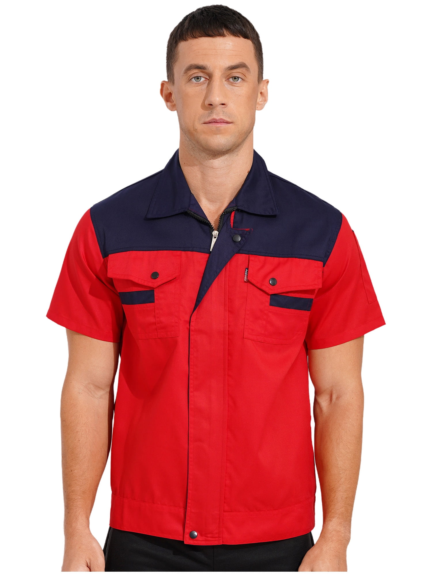 TiaoBug Men s Color Block Zipper Work Shirt Short Sleeve Jacket Mechanic Uniform Shop Shirt Red Navy Blue XL 175 Walmart