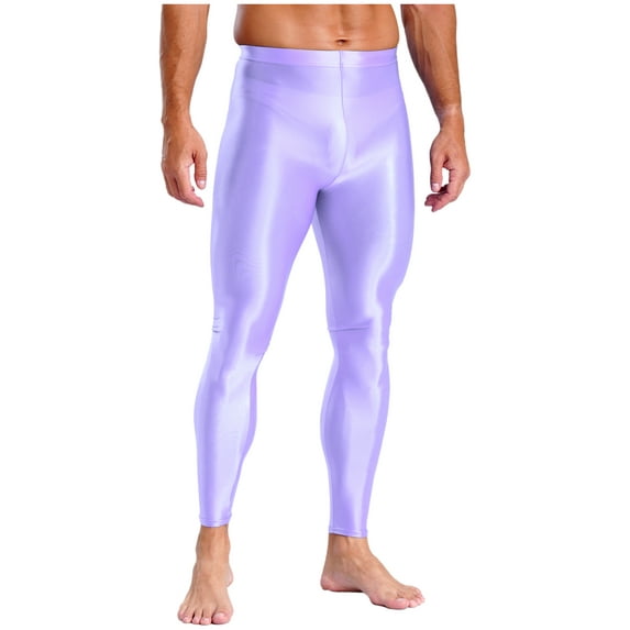 TiaoBug Men's Compression Pants Shiny Oil High Waisted Yoga Workout Leggings Gym Fitness Training Tights Light Purple L