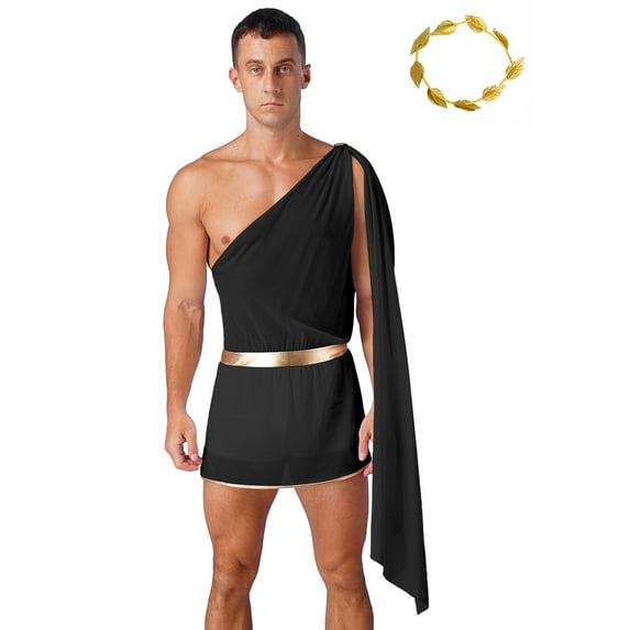 TiaoBug Men's Cupid Toga Costume Roman Greek One Shoulder Shorts Jumpsuit with Gold Leaves Headwear Black S