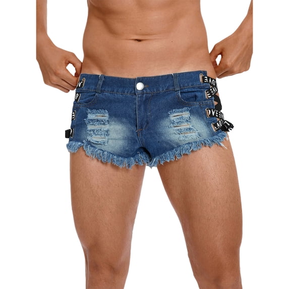 TiaoBug Men's Frayed Edge Sides Lace Up Mini Jean Shorts Low Waist Ripped Denim Hot Pants for Party Clubwear Blue L