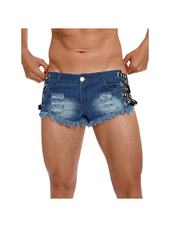 Men's Frayed Edge Sides Lace Up Mini Jean Shorts Low Waist Ripped Denim Hot Pants for Party Clubwear Blue M