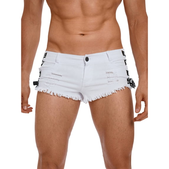 TiaoBug Men's Frayed Edge Sides Lace Up Mini Jean Shorts Low Waist Ripped Denim Hot Pants for Party Clubwear White M