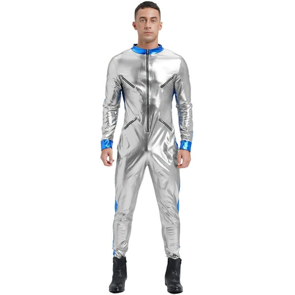 TiaoBug Men's Galaxy Astronaut Costume Metallic Shiny Space Rompers Catsuit Jumpsuit Unitard Silver L