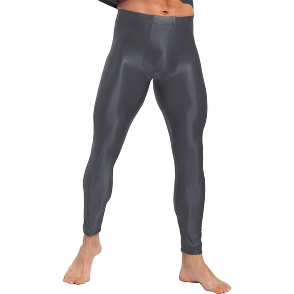 TiaoBug Men's Glossy Yoga Gym Compression Pants Leggings Stretchy Workout Sports Tights Trousers Dark Grey XXL