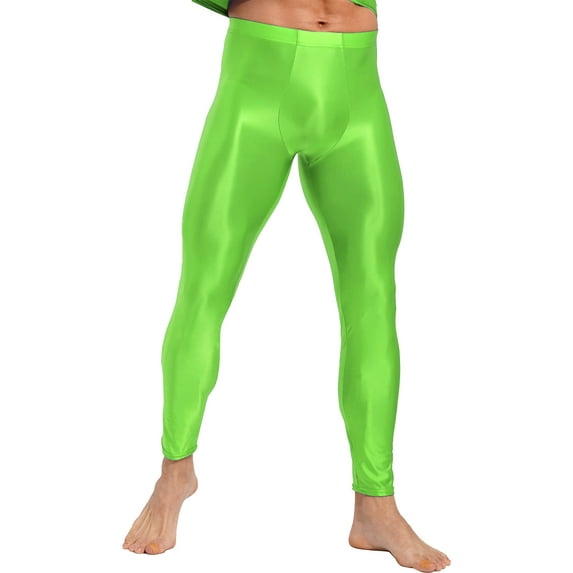 TiaoBug Men's Glossy Yoga Gym Compression Pants Leggings Stretchy Workout Sports Tights Trousers Fluorescent Green XL