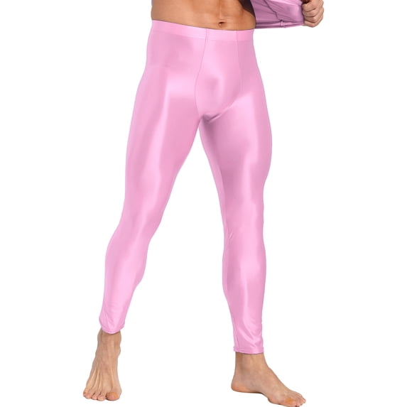 TiaoBug Men's Glossy Yoga Gym Compression Pants Leggings Stretchy Workout Sports Tights Trousers Pink XL