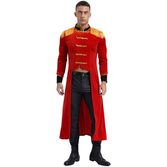 TiaoBug Men's Halloween Circus Ringmaster Costume Velvet Tailcoat Jacket Festive Rave Party Clubwear Red M