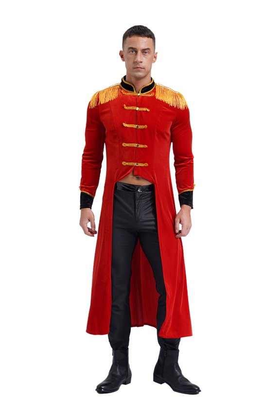 Men's Halloween Circus Ringmaster Costume Velvet Tailcoat Jacket Festive Rave Party Clubwear Red M