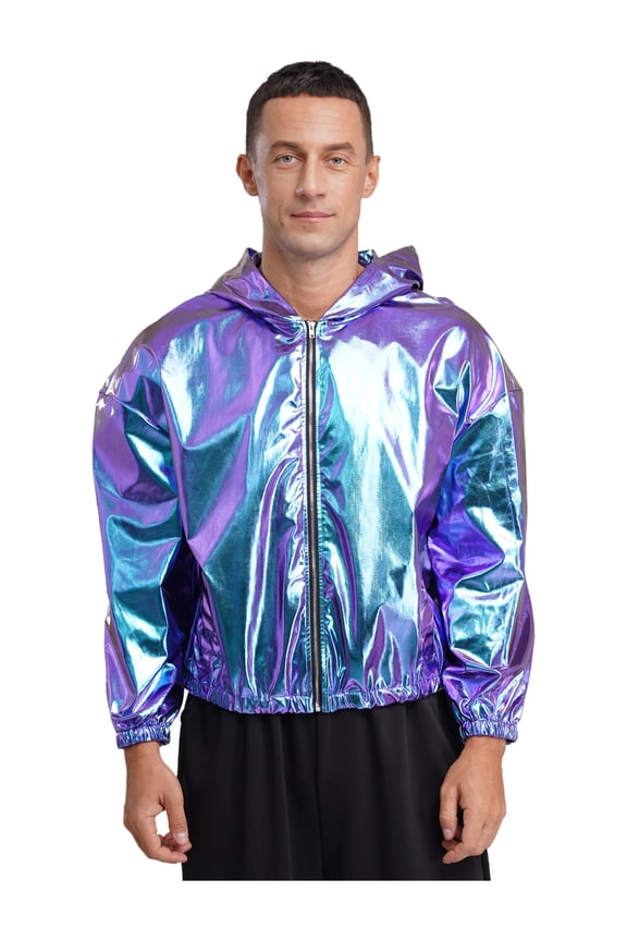 Men's Holographic Hoodie Long Sleeve Shiny Metallic Bomber Jacket Hooded Zip-up Outerwear Coat Blue M