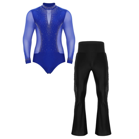 TiaoBug Men's Latin Samba Dance Outfits Rhinestone Sparkly V-neck Bodysuit with High Waist Tassel Flared Pants Blue&Black XXL