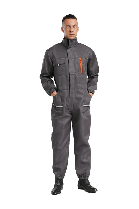 Men's Long Sleeve Coverall Mechanic Workwear Jumpsuit with Multi Pockets Gray 195/5XL