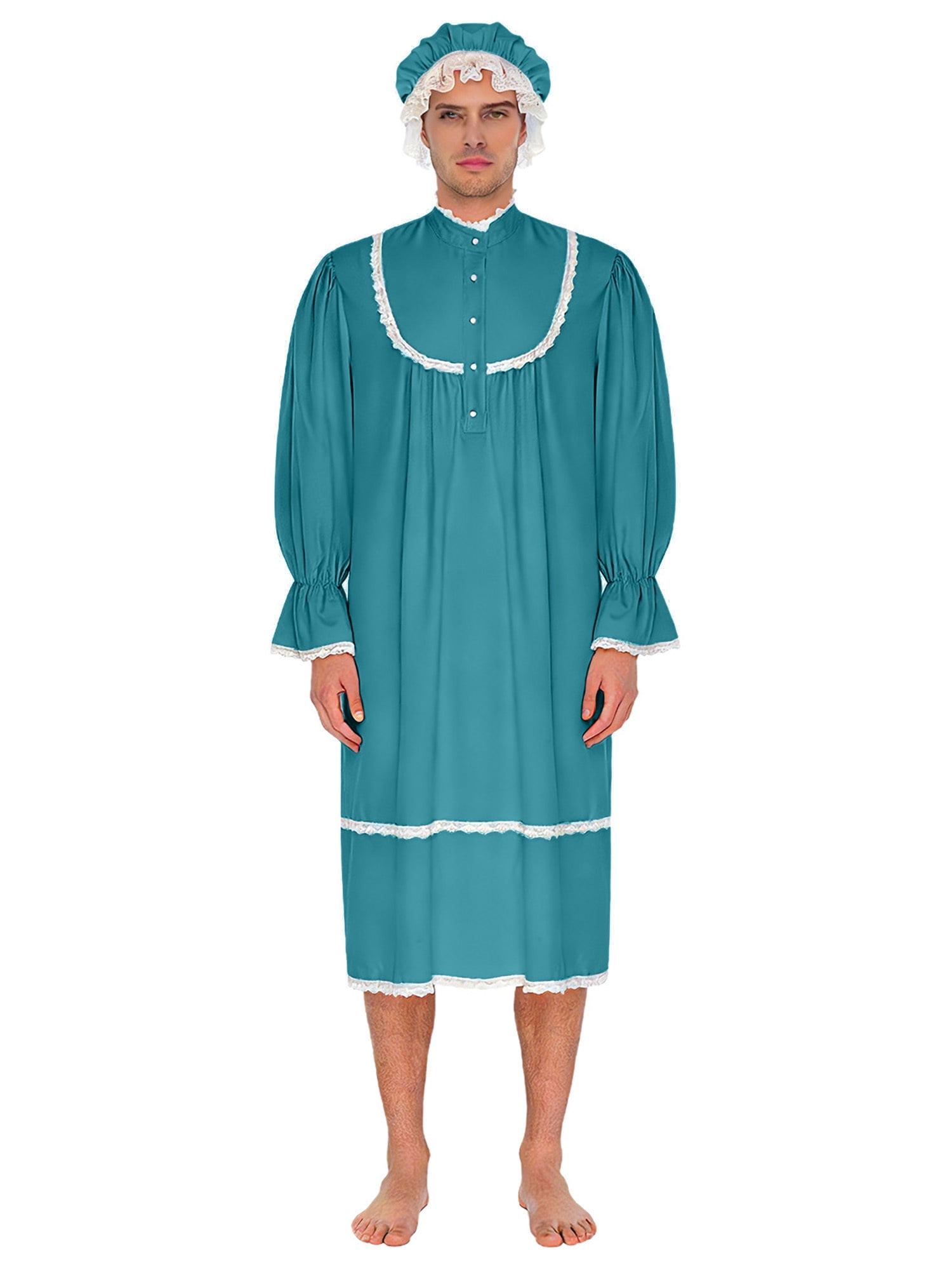 TiaoBug Men's Long Sleeve Sleep Gown with Sleeping Cap Lace Trim