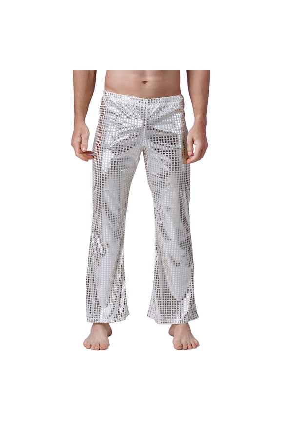 Men's Metallic Sequin Dots Flared Disco Pants Elastic Waistband Bell-Bottoms Club Pants Silver S