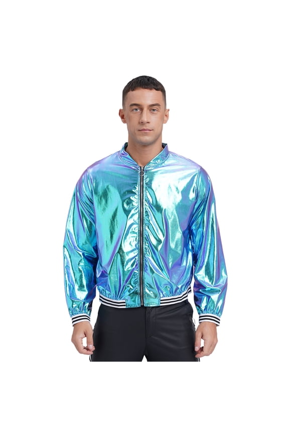 Men's Metallic Shiny Bomber Jacket Long Sleeve Button Down Shirts 70s Disco Costume Blue L