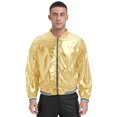 thumbnail image 1 of TiaoBug Men's Metallic Shiny Bomber Jacket Long Sleeve Button Down Shirts 70s Disco Costume Gold L, 1 of 7