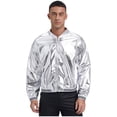 thumbnail image 1 of TiaoBug Men's Metallic Shiny Bomber Jacket Long Sleeve Button Down Shirts 70s Disco Costume Silver L, 1 of 7