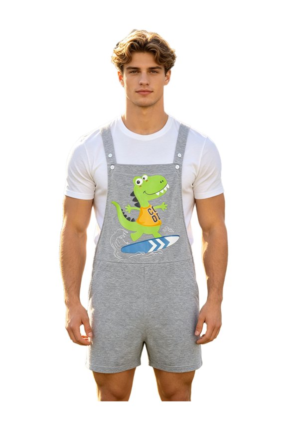 Men's Overalls Bib Shorts with Pocket Front Dinosaur Printed Adjustable Straps One Piece Rompers Grey XL