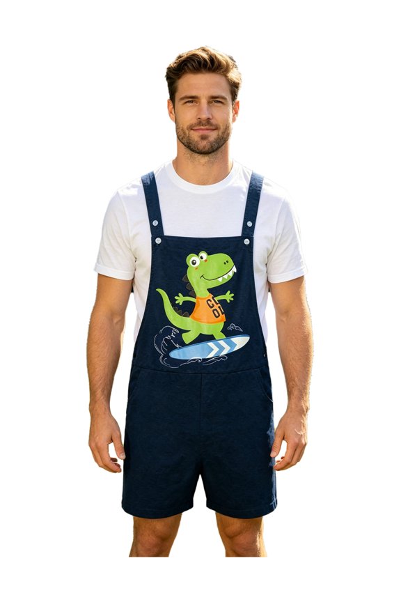 Men's Overalls Bib Shorts with Pocket Front Dinosaur Printed Adjustable Straps One Piece Rompers Navy Blue S