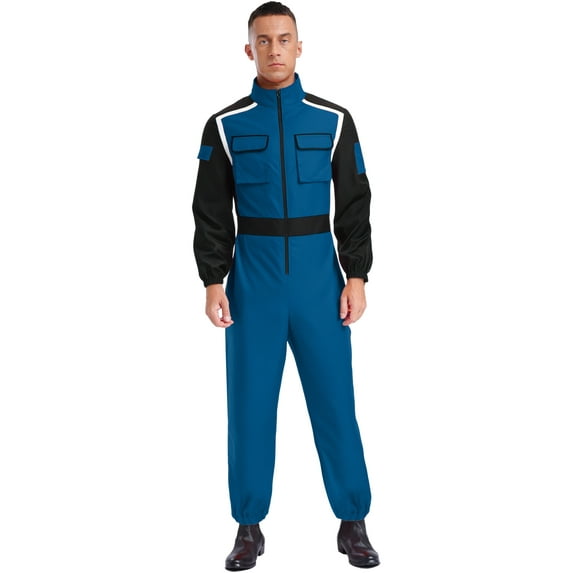 TiaoBug Men's Overalls Long Sleeve Front Zip Color Block Racing Driver Jumpsuit for Carnival Themed Parties Navy Blue XXL