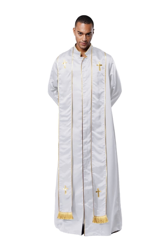 Men's Priest Robe Metallic Shiny Clergy Dress Pastor Preachers Cassock Worship Gown Church Outfit White S