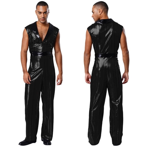 TiaoBug Men's Retro 70s Outfit Disco Dance Jumpsuit Sleeveless Shiny Metallic V-Neck Bodysuit Clubwear Black 3XL