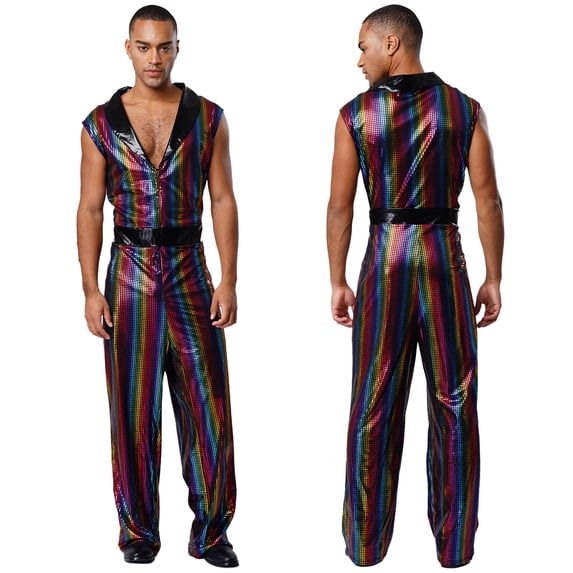 TiaoBug Men's Retro 70s Outfit Disco Dance Jumpsuit Sleeveless Shiny Metallic V-Neck Bodysuit Clubwear Rainbow L