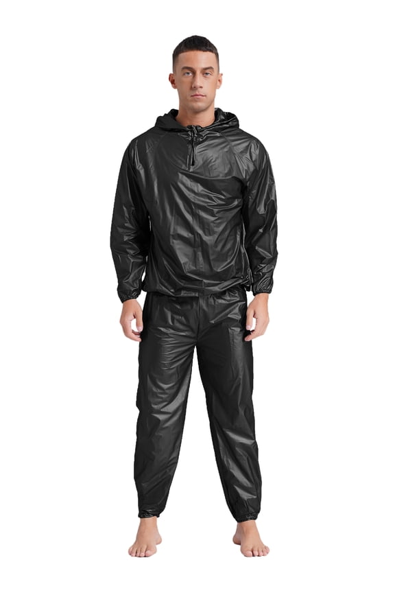 Men's Sauna Suits PVC Hooded Long Sleeve Sweatshirt And Pants Sports Workout Tracksuit Type B Black S