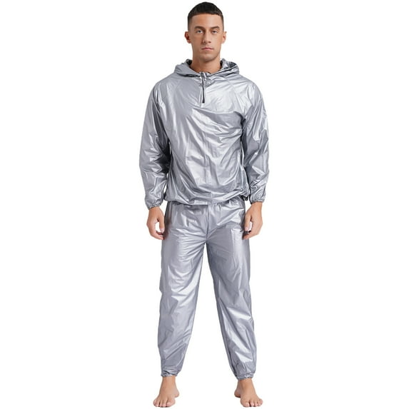 TiaoBug Men's Sauna Suits PVC Hooded Long Sleeve Sweatshirt And Pants Sports Workout Tracksuit Type B Silver XXL