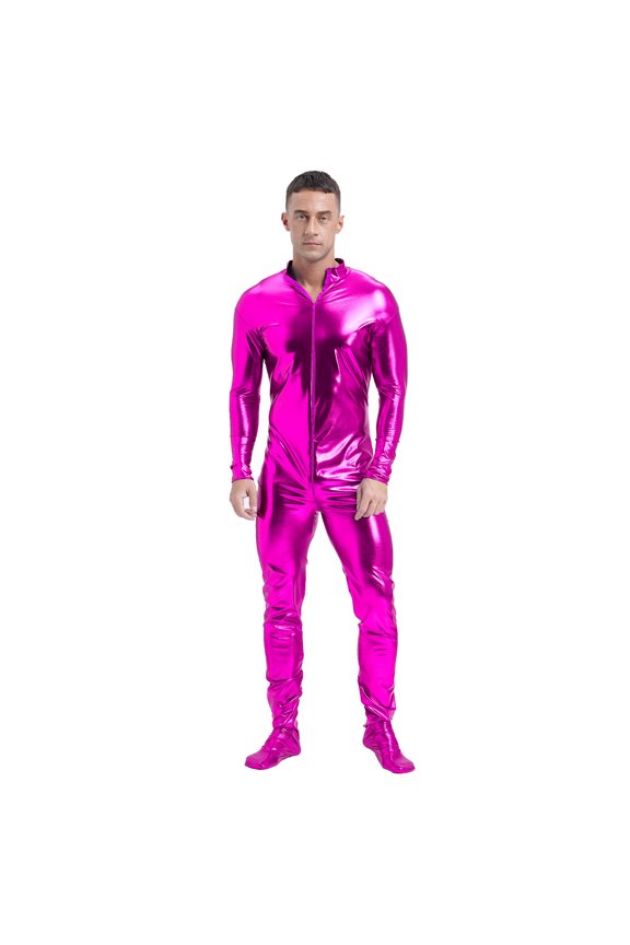 Men's Shiny Bodysuit Zentai Metallic One Piece Full Body Unitard Jumpsuit Stage Clubwear Hot Pink L