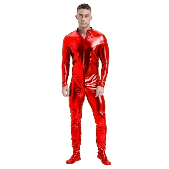 TiaoBug Men's Shiny Bodysuit Zentai Metallic One Piece Full Body Unitard Jumpsuit Stage Clubwear Red M