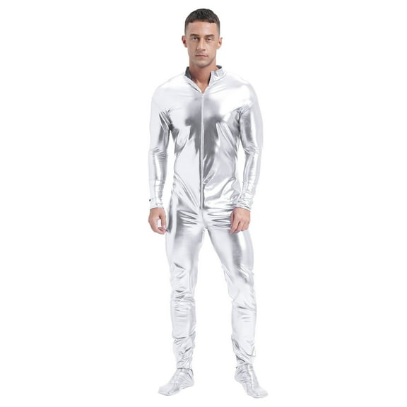 TiaoBug Men's Shiny Bodysuit Zentai Metallic One Piece Full Body Unitard Jumpsuit Stage Clubwear Silver XL