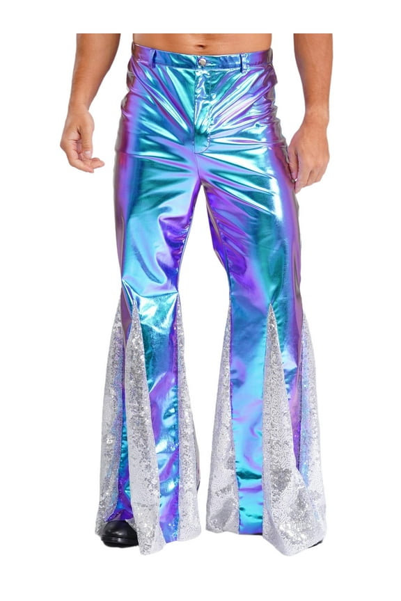 Men's Shiny Metallic 70s Party Disco Dance Pants Sequins Bell Bottoms Hippie Trousers Clubwear Blue 3XL