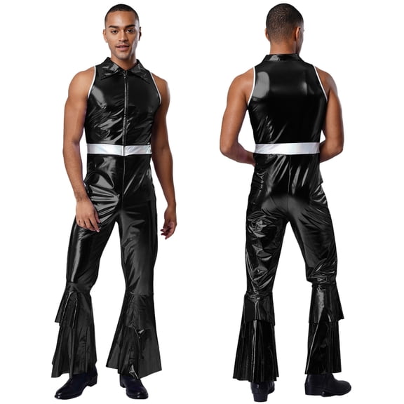 TiaoBug Men's Shiny Metallic 70s Rave Outfits Jazz Hip Hop Dance Unitard Sleeveless Disco Party Rompers Black 3XL