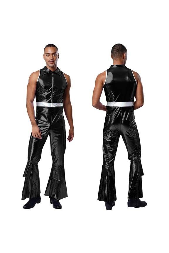 Men's Shiny Metallic 70s Rave Outfits Jazz Hip Hop Dance Unitard Sleeveless Disco Party Rompers Black 3XL